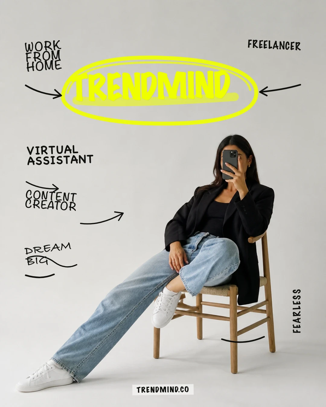 Personal-brand Instagram poster featuring a seated creator, handwritten career phrases, and a fluorescent yellow TrendMind title